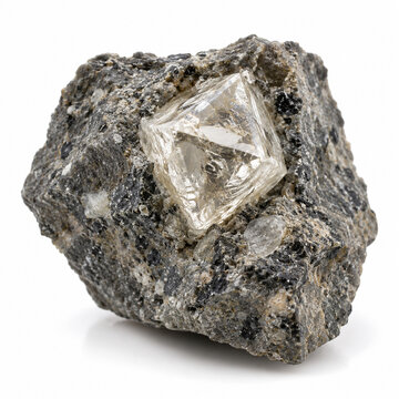 Rough octahedral diamond crystal in kimberlite rock isolated on white background