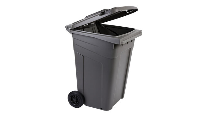 Isolated grey plastic garbage can with an open lid, modern wheeled trash bin for waste