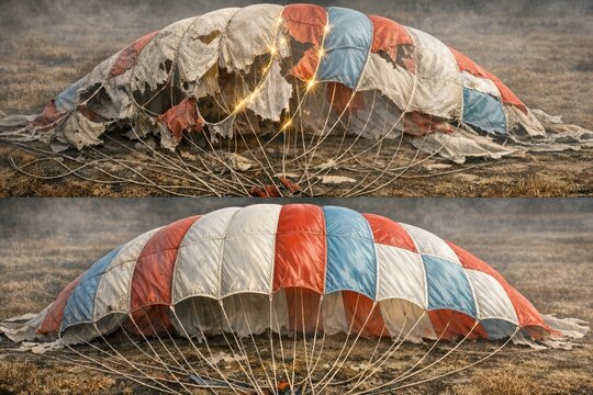 Two parachutes resting on a green field