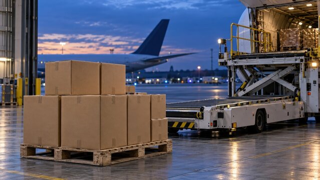 Cargo loading at an airport during evening hours with a plane and warehouse in view