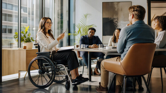 Inclusive business meeting with woman in wheelchair, diverse professional team in modern office, corporate accessibility and leadership