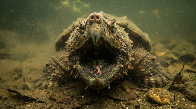 Close Portrait of Snapping Turtle in freshwater stream