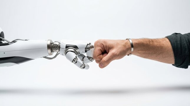 Robot hand and human hand fist bump against a white background