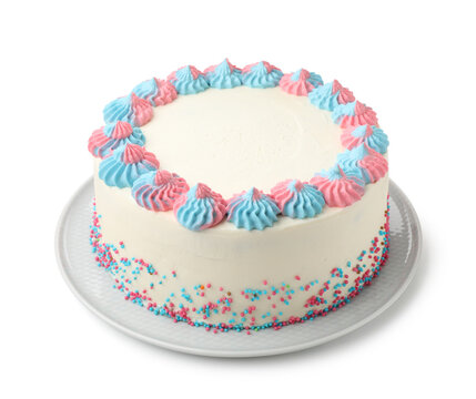 Baby gender reveal party. Tasty cake with sprinkles isolated on white