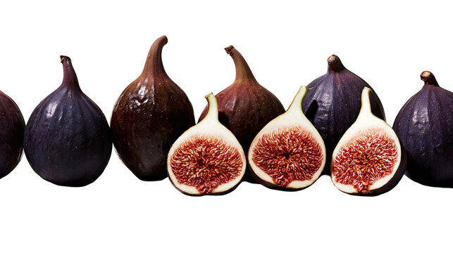 Isolated raw fresh figs, whole and cut in half, arranged in a row, showcasing delicious interior