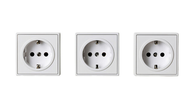 Isolated three white modern Schuko electrical power outlets for household electricity supply