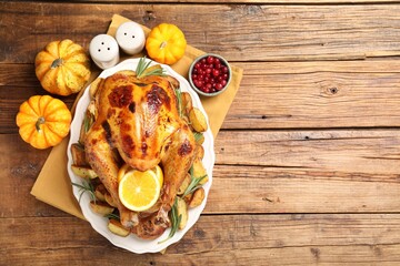 Naklejka premium Thanksgiving Day. Delicious roasted turkey with potatoes served on wooden table, flat lay. Space for text