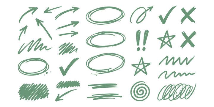 Hand drawn doodle set with arrows circles stars checkmarks and scribbles in green and grey colors