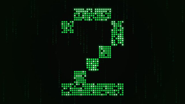 Number Five Countdown Made of Green Pixel Blocks on Digital Matrix Background