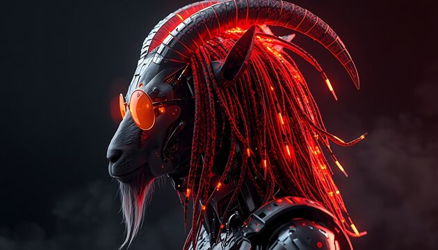 Futuristic 3D cyberpunk goat mascot with glowing neon red dreadlocks and cyber glasses, high-tech mechanical ram character for Chinese New Year 2027