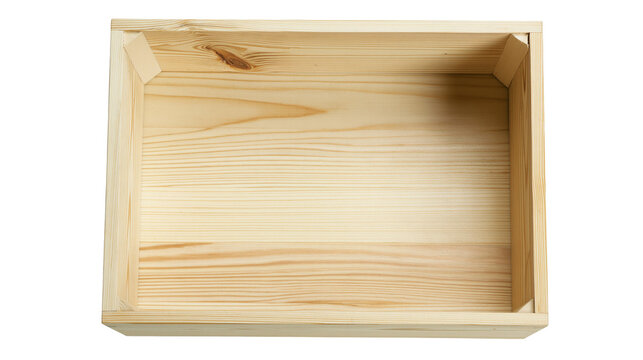 Isolated empty new natural pine wood storage crate, clean light brown timber container, top view
