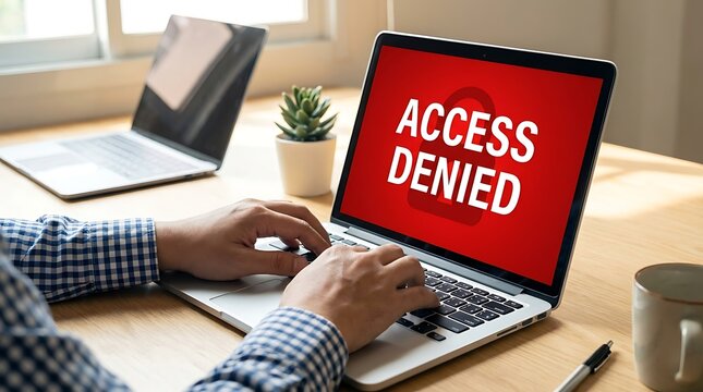 Person typing on laptop with Access Denied screen message for cybersecurity concept
