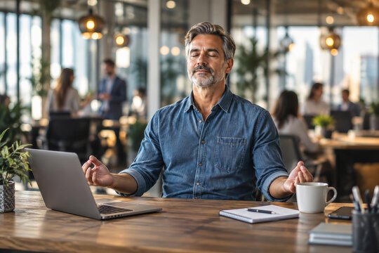 A businessman practicing mindfulness and meditation at his desk to manage work stress.