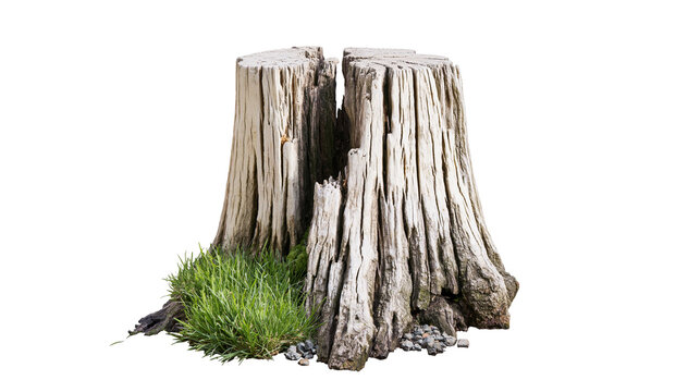 Isolated weathered old tree stump with cracked bark, natural wood texture, green grass, and small rocks