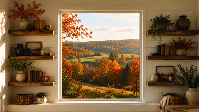 Autumn landscape view through window, cozy interior with wooden shelves and books, fall forest scenery in golden hour light