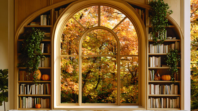 Cozy autumn library window, arched wooden bookshelf with fall foliage view, warm home interior with books and pumpkins