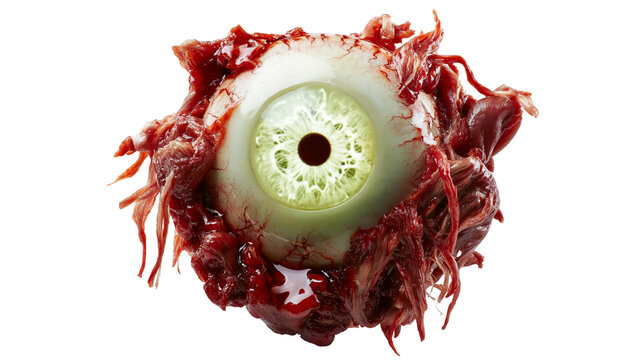 Isolated horror theme prop, bloodied human eyeball with muscle tissue and light green iris.