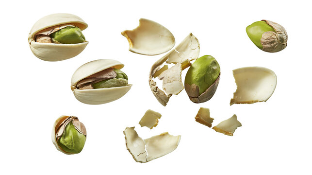 Isolated healthy snack food, fresh raw pistachios with shells and broken pieces.