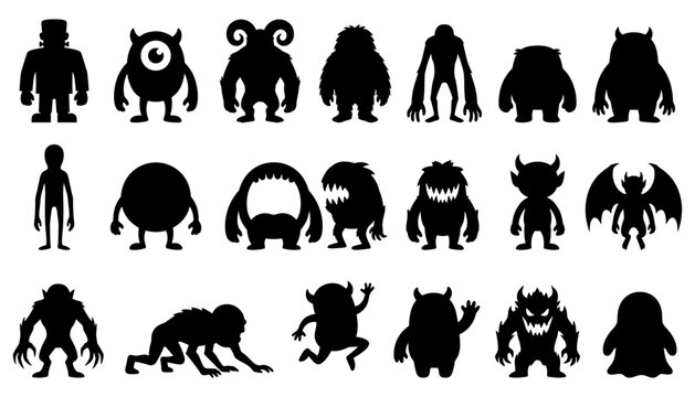 Monster Silhouettes Set, Diverse Creature Icons, Spooky Vector Design for Games