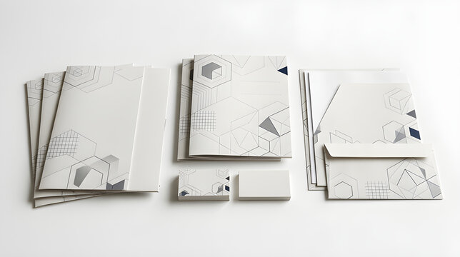 Corporate stationery mockup with patterned paper folders and business cards on white background