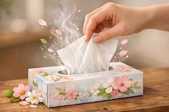 A person fills up a tissue box with new tissues, a simple and essential task