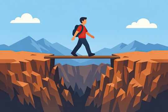 A person is walking along the edge of a cliff with a bridge spanning the gap below