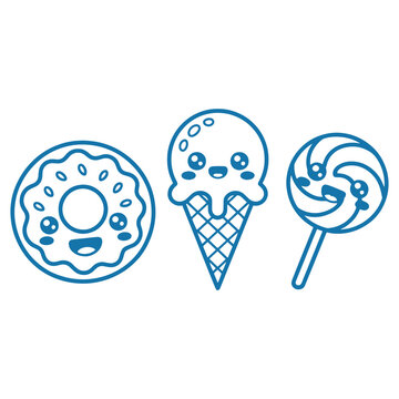Cute cartoon donut ice cream and lollipop sweets with happy faces in a simple blue line art