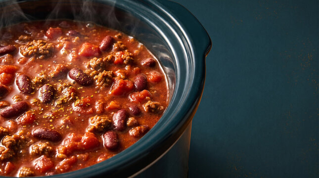 Slow cooker chili bubbling in a pot on a dark background  