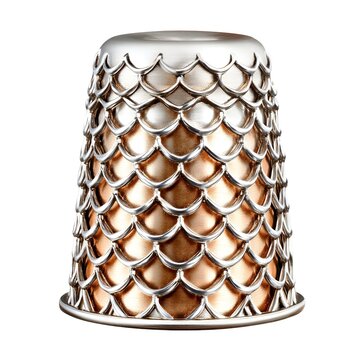 Elegant silver and gold thimble with a scale-like pattern, isolated on white background