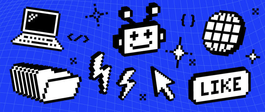 Retro pixel technology background with laptop, robot, globe, folders, cursor, coding icons on perspective grid pattern. Tech vector elements for gaming, digital interfaces and futuristic technology
