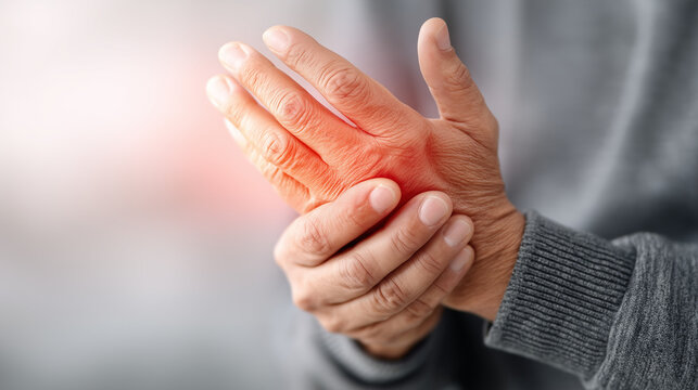 Close-up of a hand with highlighted redness and pain around the wrist and knuckles, illustrating joint inflammation, arthritis, musculoskeletal discomfort and healthcare concepts.