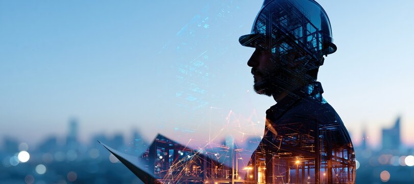 Structural engineer holding plans with layered steel structures double exposure