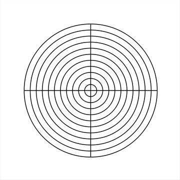 Polar grid of 10 concentric circles and 90 degrees steps. Blank vector polar graph paper.