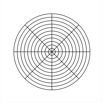 Polar grid of 10 concentric circles and 45 degrees steps. Blank vector polar graph paper.