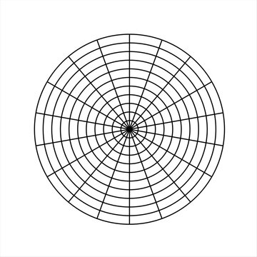 Polar grid of 10 concentric circles and 20 degrees steps. Blank vector polar graph paper.