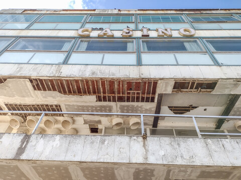 Close-up of Severe Structural Damage on the Abandoned Necochea Casino Facade