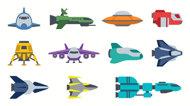 Set of Spaceship Icons and Sci Fi Flat Vector Game Assets for Galaxy Exploration Interface