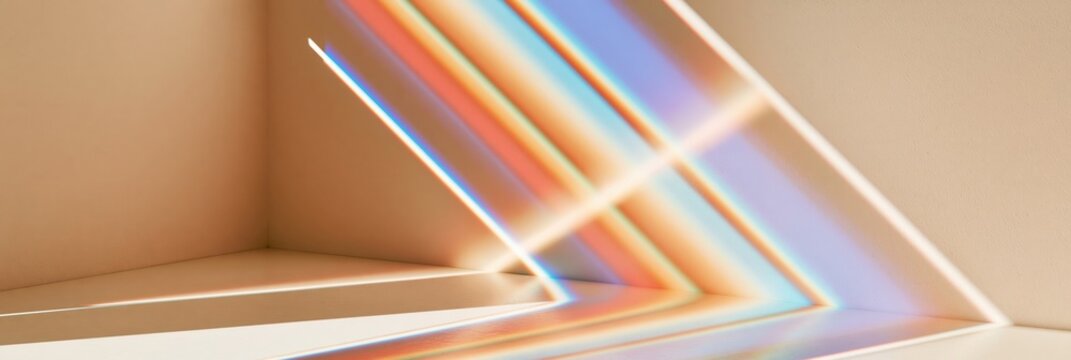 Abstract prismatic light refracting across beige corner with rainbow spectrum