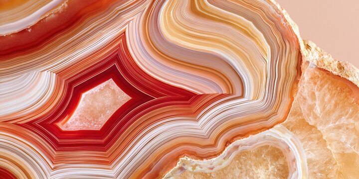 Polished agate cross section with concentric bands and abstract patterns in warm tones