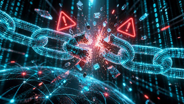 Broken digital chain with red warning signs representing cybersecurity vulnerability.