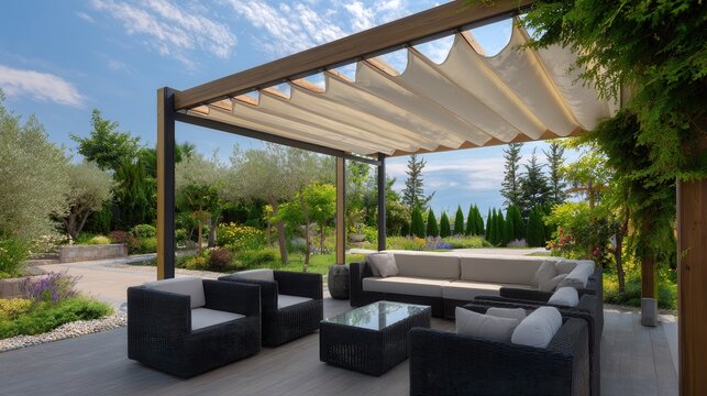 Modern metal pergola with adjustable louvered roof shading outdoor dining area in landscaped backyard under blue sky, with pergola, louver, louvered, metal detail