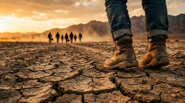 Climate refugees walking along a cracked rural road during a warm evening.