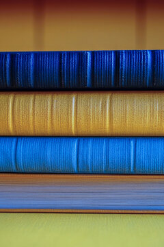 Three books stacked on top of each other. vertical frame