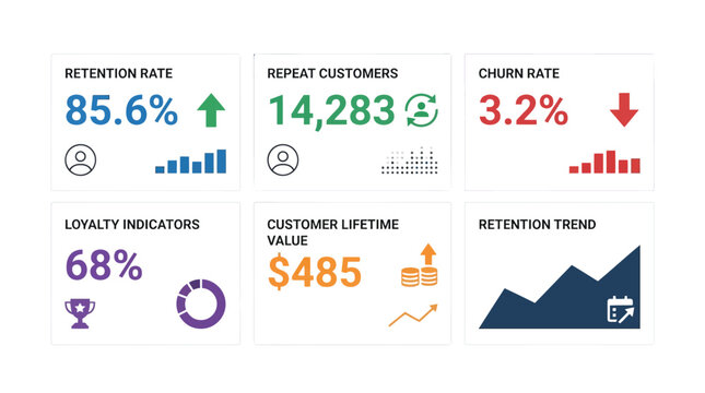 business analytics dashboard vector, customer retention rate, churn rate, lifetime value, loyalty indicators, financial statistics, infographic isolated on White Background vector eps
