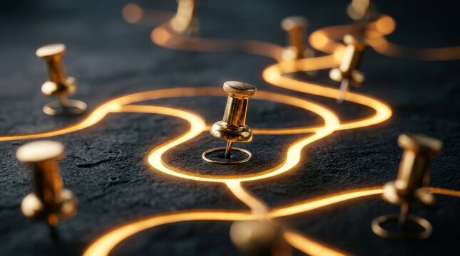 Golden winding pathways with pushpins on a dark surface showing route guidance.