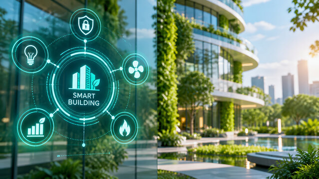 Smart building technology interface for security, fire safety, lighting, and energy monitoring.