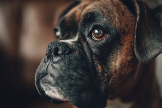Close-up of a brindle boxer, showcasing its soulful expression and distinctive markings. A canine portrait capturing the breed's unique features
