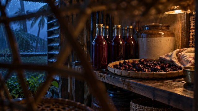 Bottles and dried fruits shelf