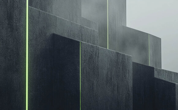 Futuristic Dark Geometric Architecture with Glowing Green Lines and Misty Atmosphere