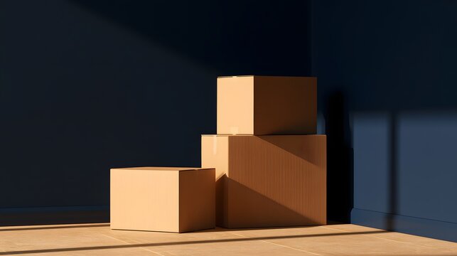 Stack of cardboard boxes arranged like steps in warm sunlight.
